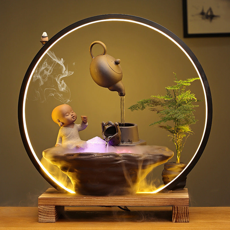 Buddha Monk LED Backflow Incense Burners Indoor Fountain Pond