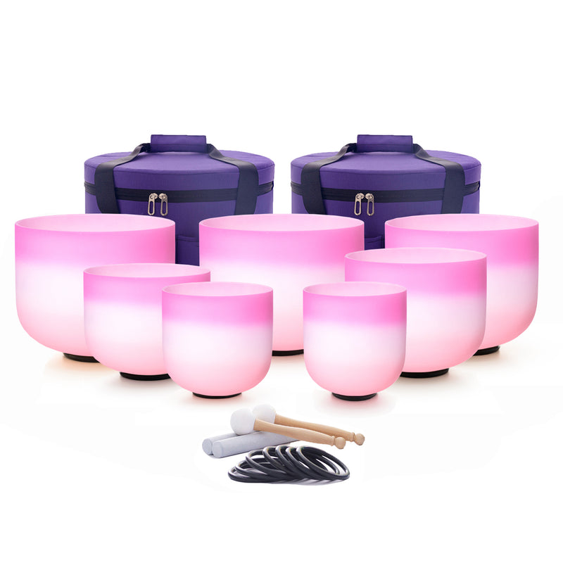 6-12 Inch 7 PCS Pink Colored Frost Quartz Crystal Singing Bowl Set