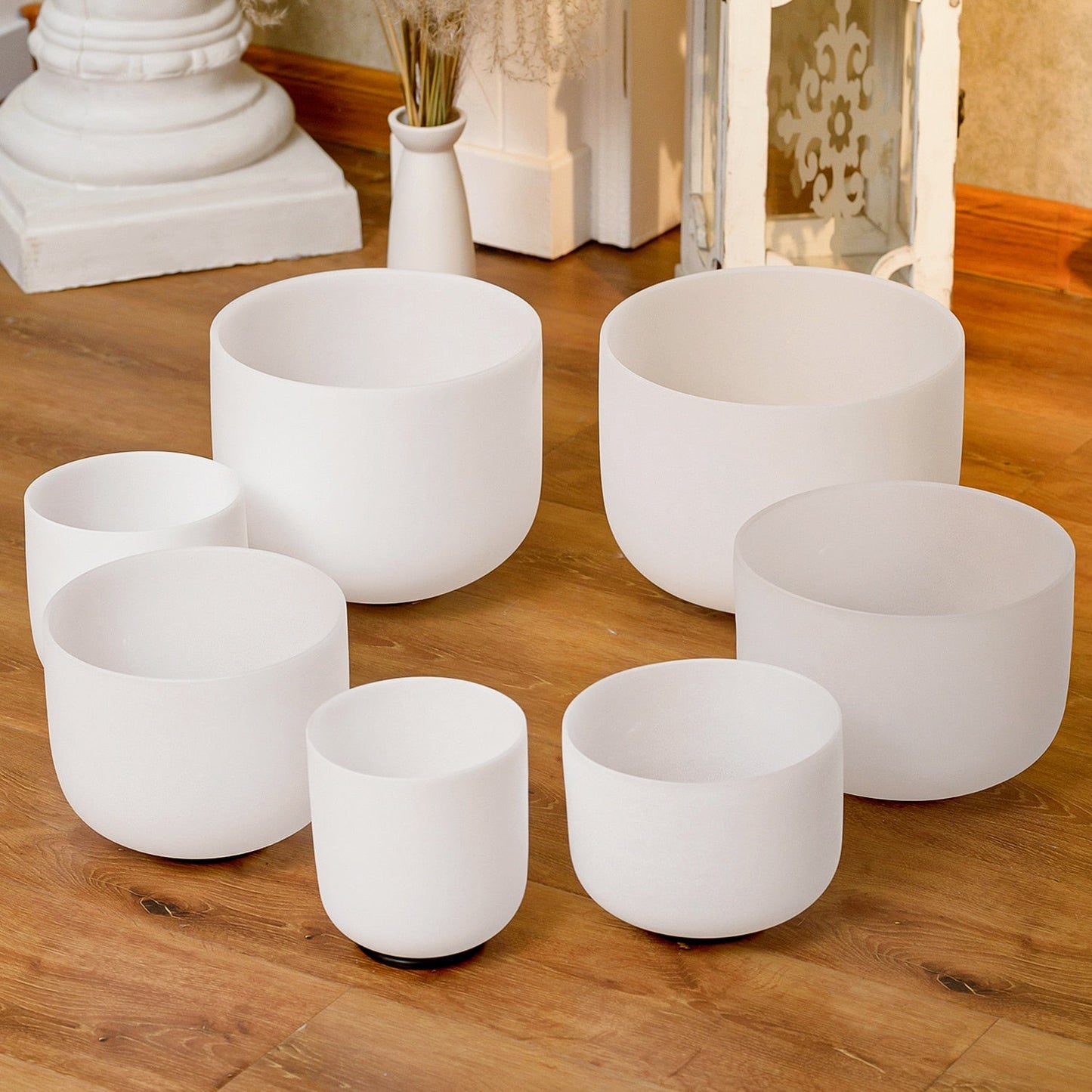 6-12 Inch 7 PCS White Frosted Crystal Singing Bowl Set Chakra for Sound Bath Meditation