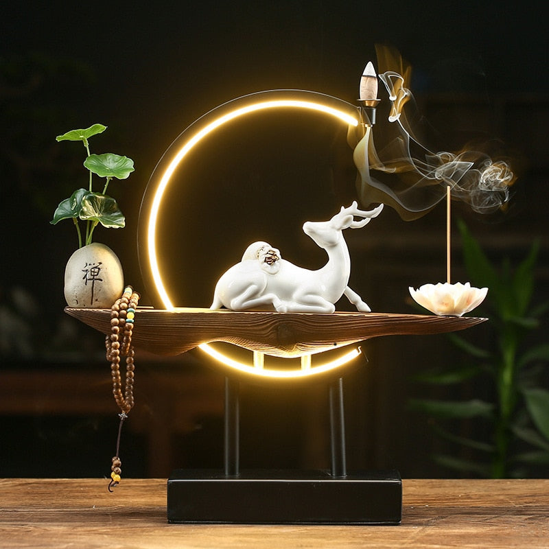 Lucky Deer LED Waterfall Censer Backflow Incense Burner Nola Zen