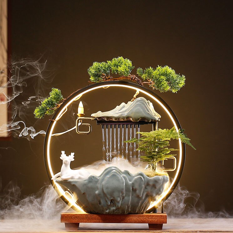 Bruciatore di incenso a riflusso bonsai con incensiere a cascata a LED